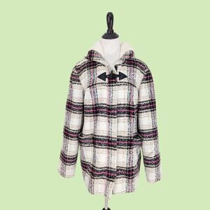 Thakoon Hooded Plaid‎ Flannel Coat Jacket Faux Sherpa Fur Lined Women's XL